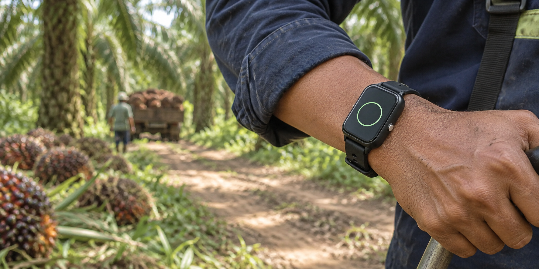 Ilustrasi pekerja perkebunan mengenakan GPS Bracelet saat bekerja di lapangan