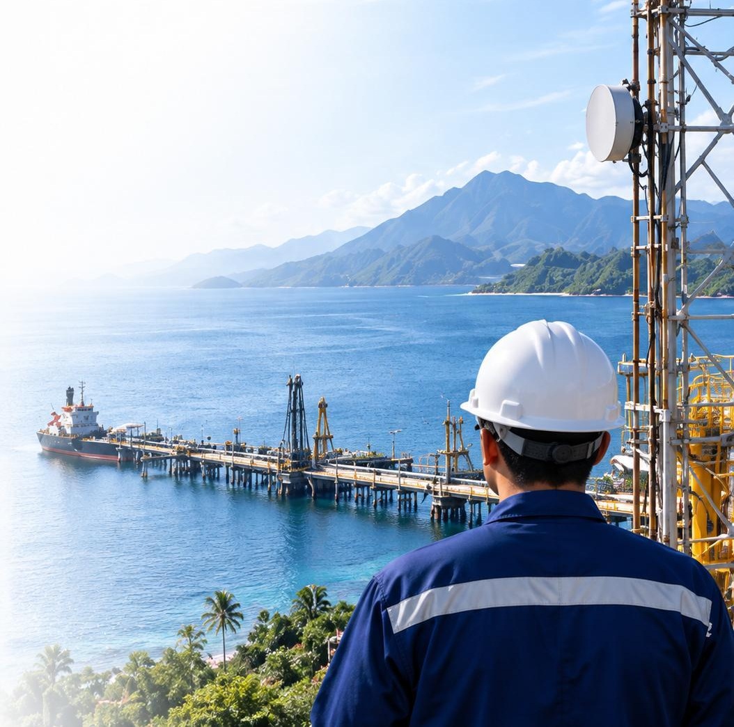 Visual menara komunikasi, jetty, dan pekerja dari Company Profile AIMS 2026 R1